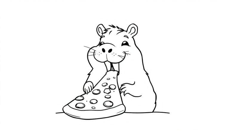 Kleurplaat van een cartoon knaagdier met snijtanden dat pizza eet