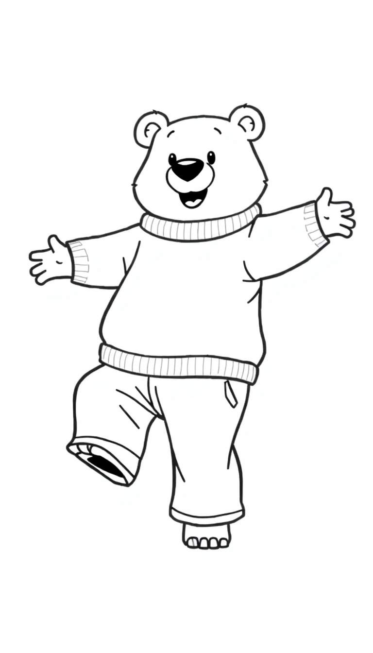 Cartoonbeer kleurplaat, zwart-wit tekening van een lachende beer met wijd open armen, staand op één been, met trui en broek.