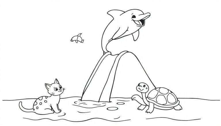 Kleurplaat van een groep vrolijke dieren aan de waterkant. Een dolfijn springt uit het water over een glijbaan, een kleinere dolfijn springt achter hem. Een kat met stippen zit linksonder, en een schildpad loopt rechtsonder. Het water is te zien met golfjes en spetters.