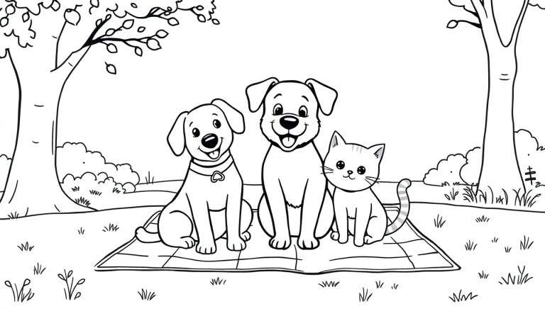 Zwart-wit kleurplaat van twee blije honden en een kat die samen lachen op een geruit picknickkleed in het gras. Twee bomen staan op de achtergrond.