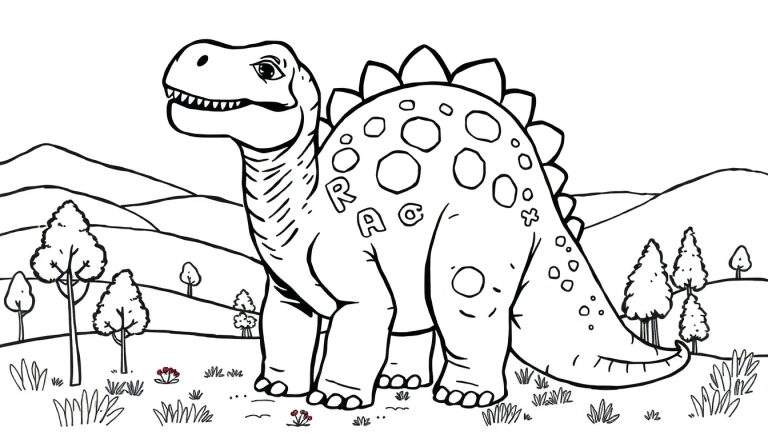 Zwart-wit kleurplaat van een vrolijke, robuuste dinosaurus met vlekken en stekels op zijn rug, staand in een landschap met heuvels, bomen en bloemen.