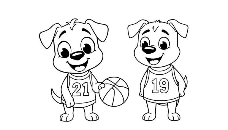 Kleurplaat van twee vrolijke cartoonhonden met sportshirts. De hond links heeft rugnummer 21 en een basketbal, de hond rechts heeft rugnummer 19. Beide honden lachen.