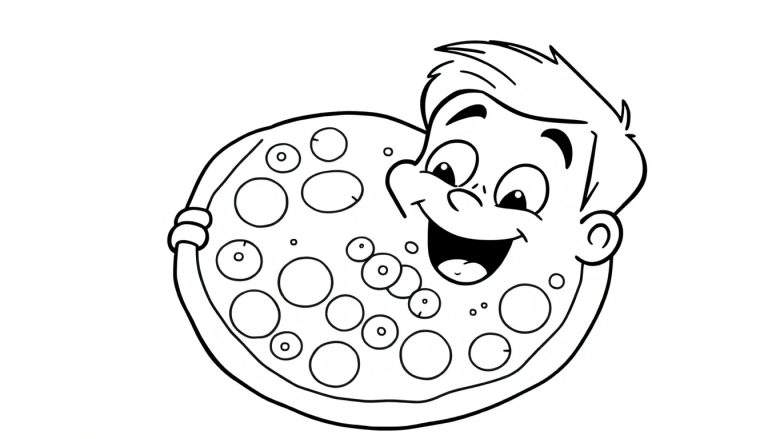 Kleurplaat: een blije jongen met open mond en stekelig haar kijkt lachend over een grote, ronde pizza met cirkelvormige toppings.