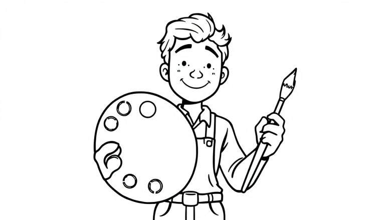 Een zwart-wit lijntekening van een lachende jongen met sproetjes, kort haar, een shirt, tuinbroek en riem. Hij houdt een schilderspalet in zijn linkerhand en een kwast in zijn rechterhand.
