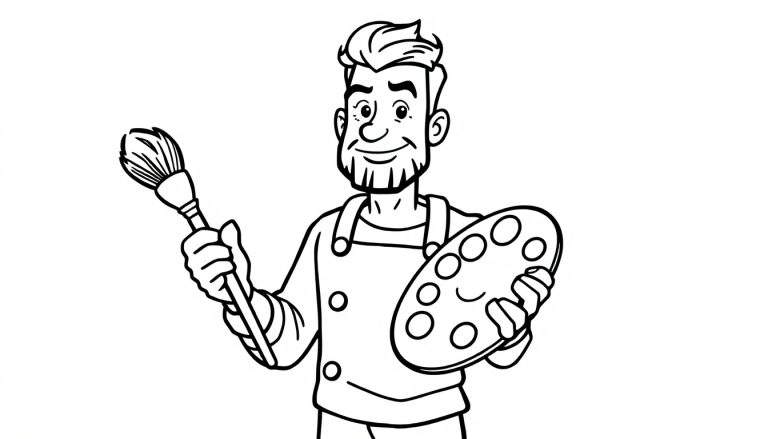 Zwart-wit lijntekening van een lachende kunstenaar met baard, kort haar, schort, verfkwast en verfpalet met lachend gezichtje.