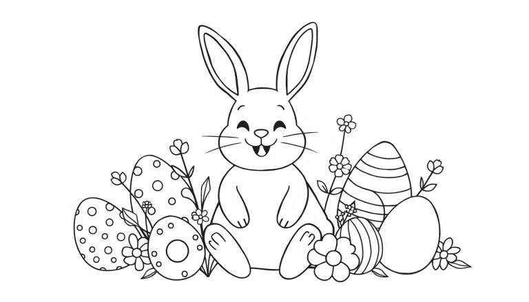 Een vrolijke paashaas in het midden, zittend met lange oren en een brede glimlach. Rondom liggen paaseieren met stippen en strepen, en er zijn bloemetjes en blaadjes. Zwart-wit lijntekening.