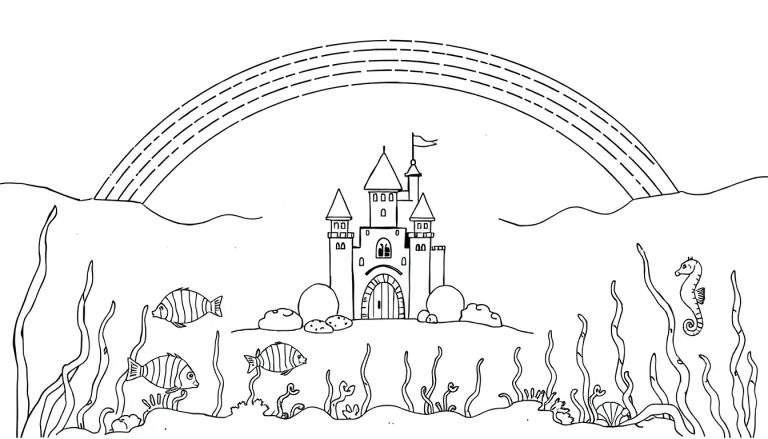 Zwart-wit lijntekening van een onderwaterwereld met een sprookjeskasteel, vissen, zeepaardje en zeewier, met een regenboog erboven.