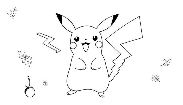 Kleurplaat van Pikachu die vrolijk lacht, omringd door bladeren en bliksemschichten.