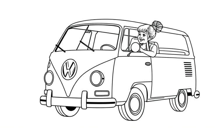 Zwart-wit kleurplaat van een klassieke Volkswagen bus (Kombi/Type 2) met een lachende vrouw met haar haar in een knot die uit het open raam leunt en de buitenspiegel vasthoudt.