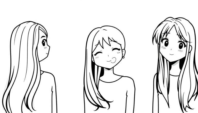 Kleurplaat van drie anime meisjes met lang haar, elk met een eigen expressie: een rustige, een speelse en een vriendelijke lachende. Ze staan voor een witte achtergrond.