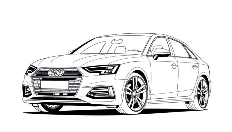 Zwart-wit lijntekening van een Audi sedan, schuin van voren gezien, met gedetailleerde grille, koplampen en velgen.