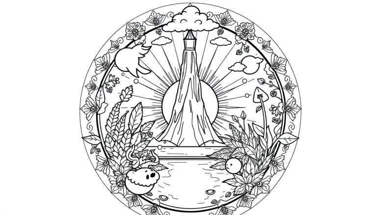 Zwart-wit kleurplaat met een hoge berg met een wolk erop, zon, planten, een pluizig wezentje, een besje met een gezichtje en een vogel, in een cirkelvormige mandala.