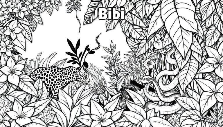 Zwart-wit kleurplaat van een dichte jungle met het woord 'Bibi' bovenaan, een luipaard op de voorgrond en twee slangen, omringd door tropische planten en bloemen.