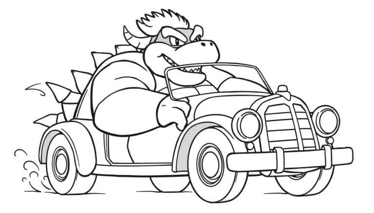 Zwart-wit lijntekening van Bowser die boos lachend achter het stuur van een klassieke cabriolet zit, met rookpluimen bij het achterwiel.