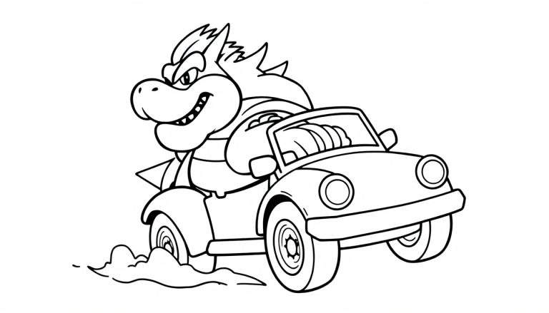 Zwart-wit lijntekening van Bowser Jr. die vrolijk lacht terwijl hij in een cabriolet-achtige auto rijdt, met een wolkje stof dat uit de achterband komt.