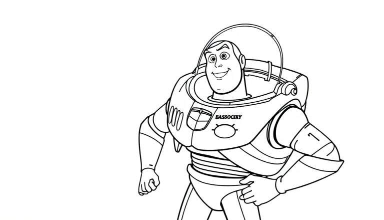 Zwart-wit lijntekening van Buzz Lightyear uit Toy Story, lachend en in een zelfverzekerde pose met zijn hand op zijn heup, klaar om ingekleurd te worden.