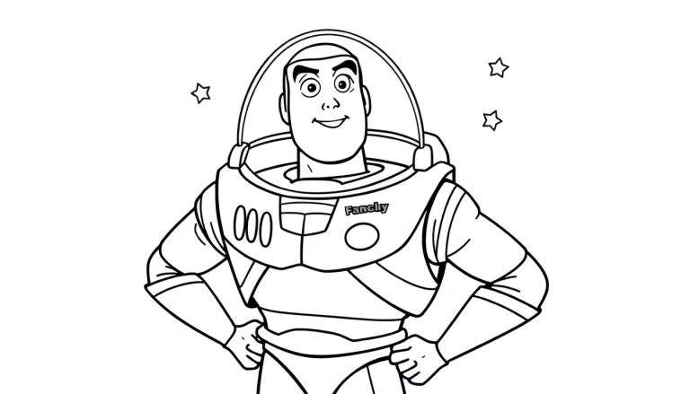 Lijntekening van Buzz Lightyear die frontaal staat met zijn handen in zijn zij, glimlachend, in zijn ruimtepak met helmkap open. Op zijn borst staat 'Fancly' en '000'. Drie kleine sterren zijn zichtbaar op de witte achtergrond.