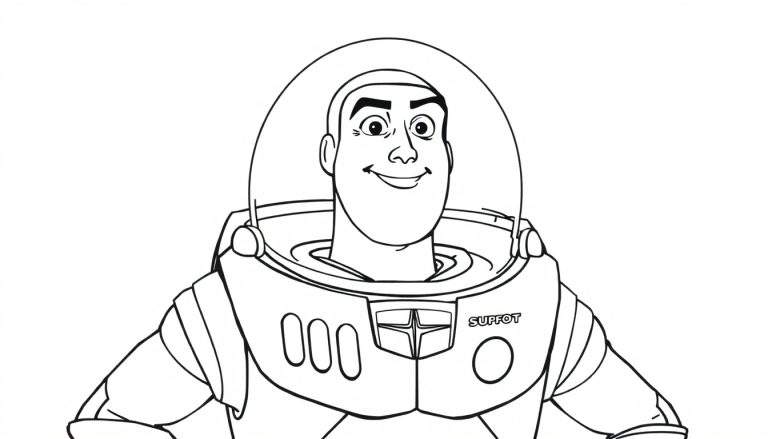 Kleurplaat van Buzz Lightyear met een grote glimlach en zijn kenmerkende ruimtepak, klaar om ingekleurd te worden.