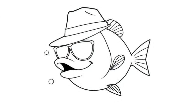 Kleurplaat van een cartoon vis met hoed en zonnebril, die blij lacht met bubbels.