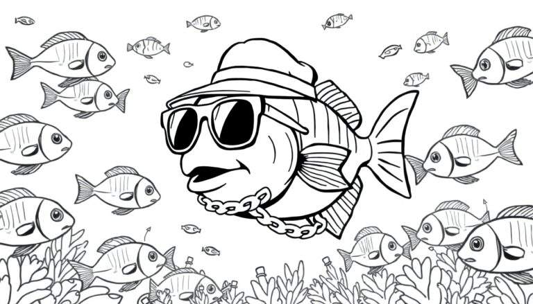 Zwart-wit tekening van een onderwaterwereld, kleurplaat, grote vis met zonnebril en ketting, kleine bange visjes, zeebodem met planten en flesjes.