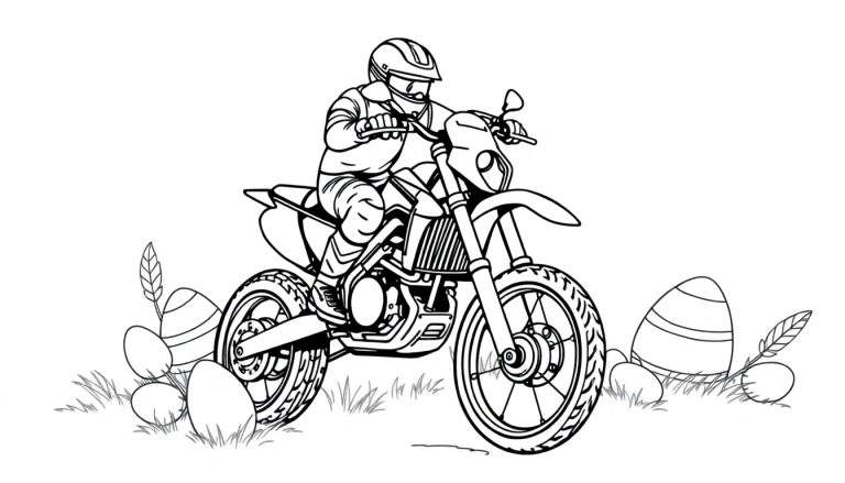 Kleurplaat van een motorrijder op een crossmotor met paaseieren in het gras.