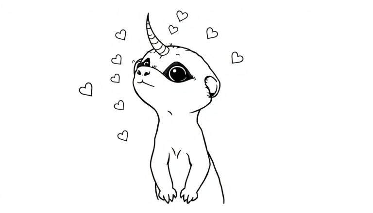 Zwart-witte lijntekening van een schattig diertje dat lijkt op een stokstaartje met een eenhoornhoorn en omringd door hartjes.