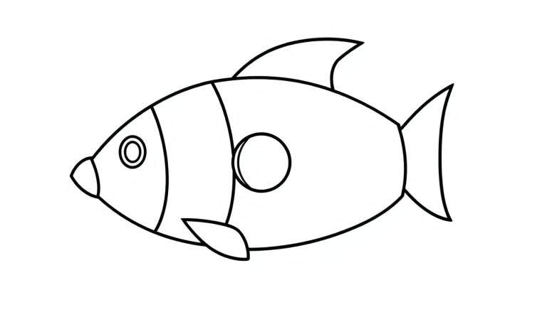 Lijntekening van een eenvoudige vis met kop, lichaam, rugvin, buikvin, staartvin en een rond detail.