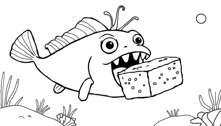 Kleurplaat van een cartoonvis die een blok kaas eet onder water, met zeewier en een luchtbel.