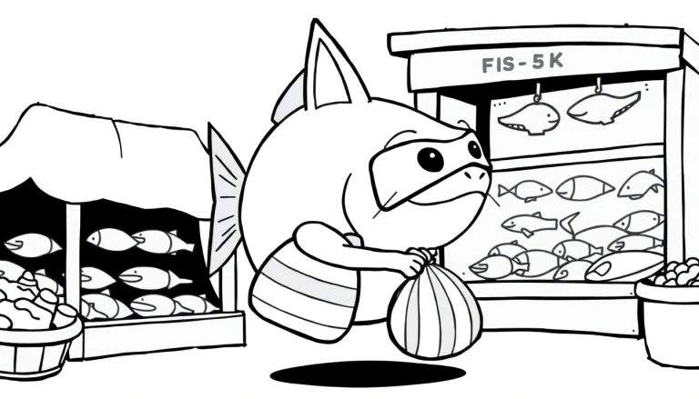 Zwart-wit lijntekening van een ronde vis met een masker, die boodschappen doet op een vismarkt met kraampjes vol vis.