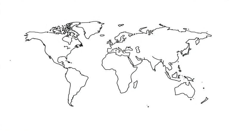 Handgetekende schets van de wereldkaart met zichtbare continenten zoals Noord-Amerika, Zuid-Amerika, Europa, Afrika, Azië en Australië, met omliggende eilanden zoals Groenland en Japan, getekend met zwarte lijnen op een witte achtergrond.