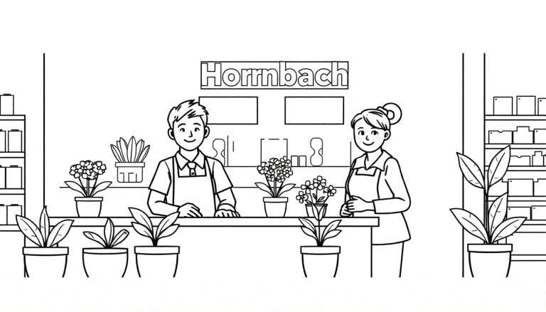 Kleurplaat van een Hornbach winkelinterieur met twee lachende medewerkers, planten op de toonbank en producten op schappen.