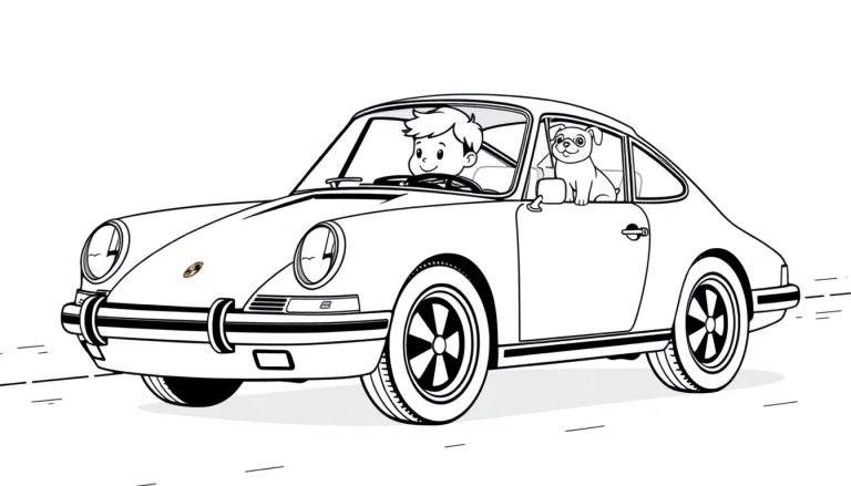 Kleurplaat van een klassieke sportwagen met een lachende jongen als bestuurder en een hond met bril als passagier.