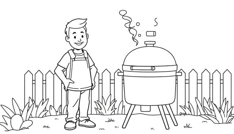 Lijntekening kleurplaat: een lachende man met schort staat naast een rokende barbecue in een tuin. Op de achtergrond een houten hek, op de voorgrond gras en planten.
