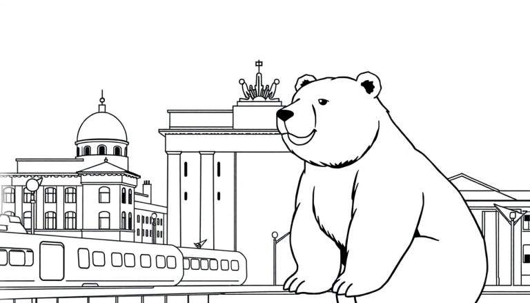 Zwart-wit lijntekening van een kleurplaat met een lachende cartoonbeer, de Brandenburger Tor, een gebouw met koepel en een stadstrein in Berlijn.