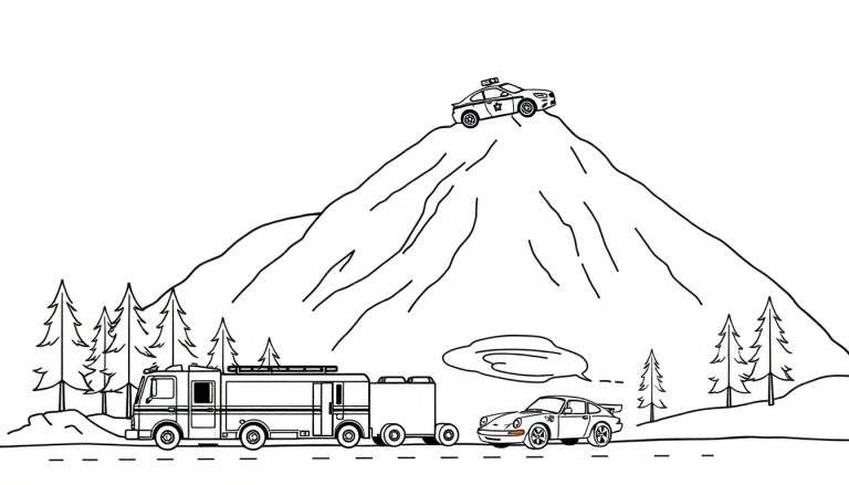 Kleurplaat van een berglandschap met een politieauto op de bergtop, dennenbomen, een brandweerwagen en een sportwagen.