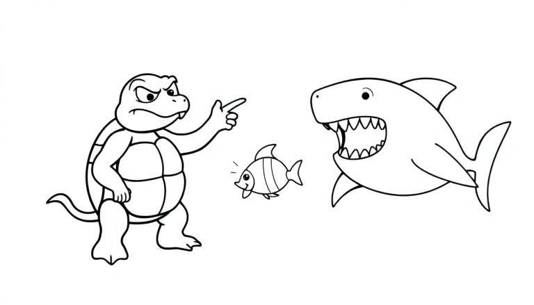 Zwart-wit lijntekening van een boze schildpad die naar een dreigende haai wijst, terwijl een klein, lachend visje ertussen zwemt.