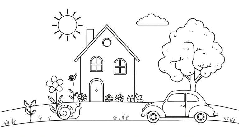 Kleurplaat van een landelijk tafereel met een huis, zon, wolk, boom, auto, heuvel, gras, planten, bloemen en slakken.