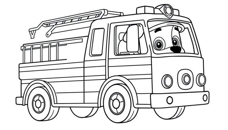 Kleurplaat van een brandweerwagen in cartoonstijl met een hond achter het stuur.