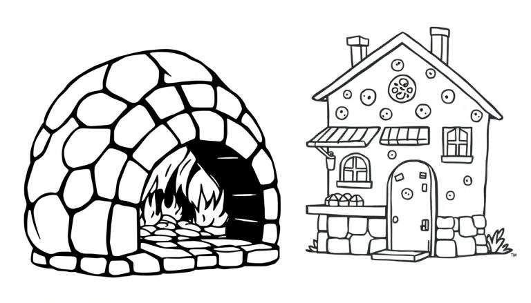 Kleurplaat van een stenen broodoven met vlammend vuur aan de linkerkant en een fantasievol huisje met cirkels, stippen, schoorstenen en broodjes aan de rechterkant.