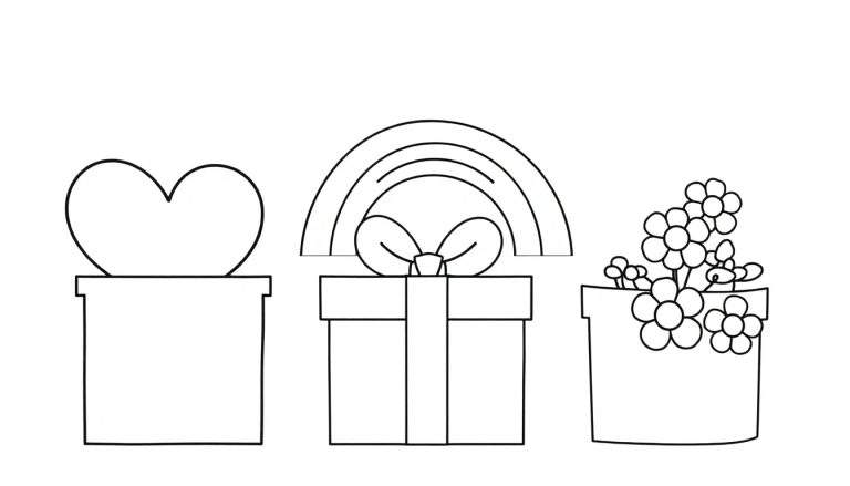 Zwart-wit lijntekening kleurplaat met een vierkante doos met een hart erboven, een cadeaudoos met lint en strik en een regenboog, en een bloempot met bloemen.