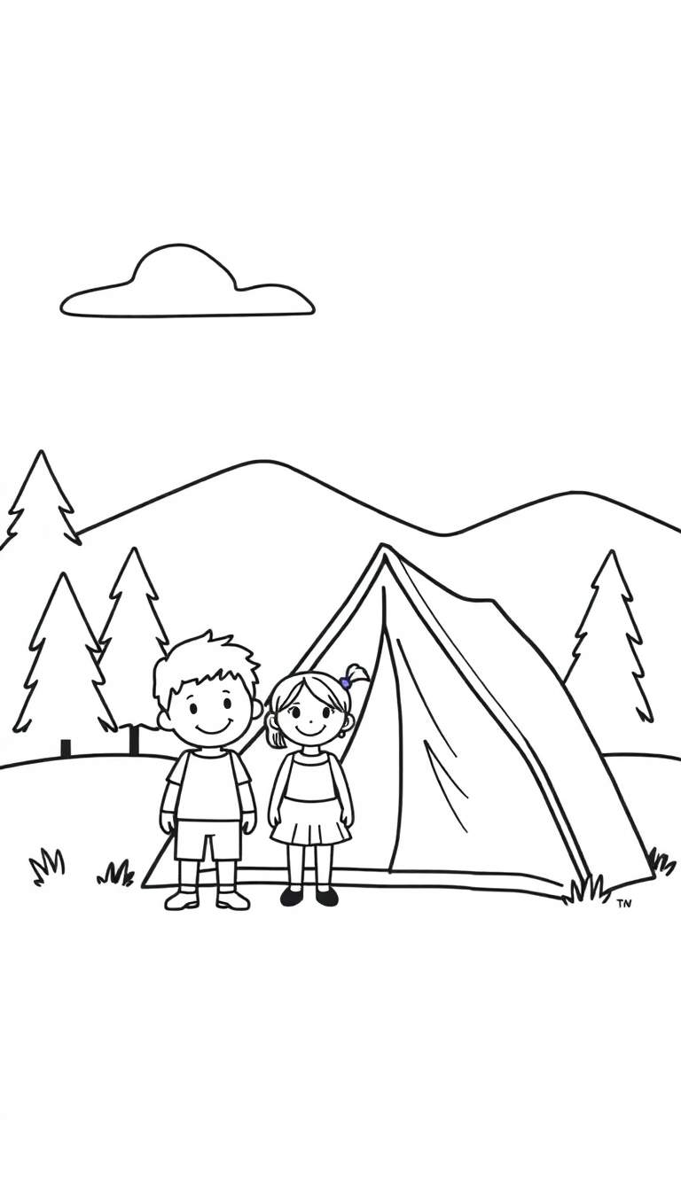 Zwart-wit kleurplaat van een campingtafereel met een tent, een lachende jongen, een lachend meisje, dennenbomen, bergen en een wolk.