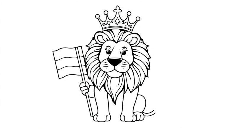 Cartoonleeuw met kroon en vlag, zwart-wit lijntekening voor kleurplaat.