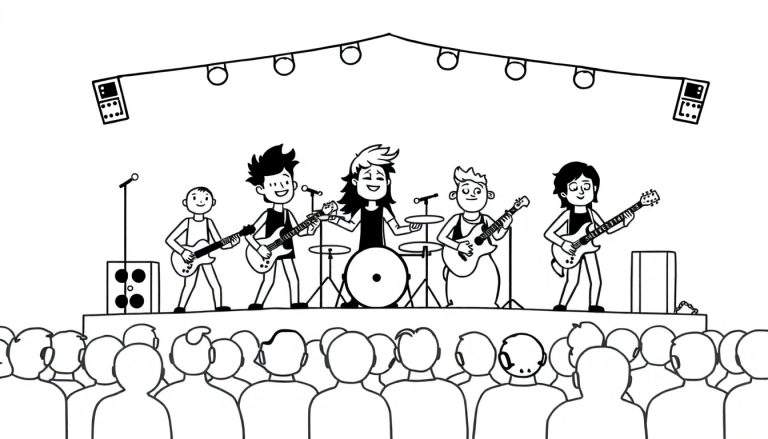 Zwart-wit kleurplaat van een rockconcert met een band op het podium en een publiek op de voorgrond.