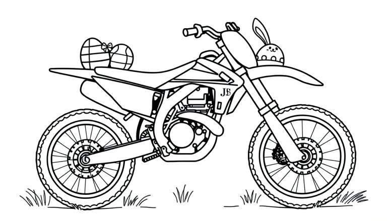 Zwart-wit lijntekening van een crossmotor met paaseieren en een paashaasje, klaar om in te kleuren.