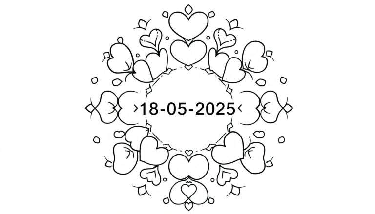 Zwart-wit lijntekening van een decoratieve mandala met in het midden de datum 18-05-2025, omringd door harten en sierlijke patronen.