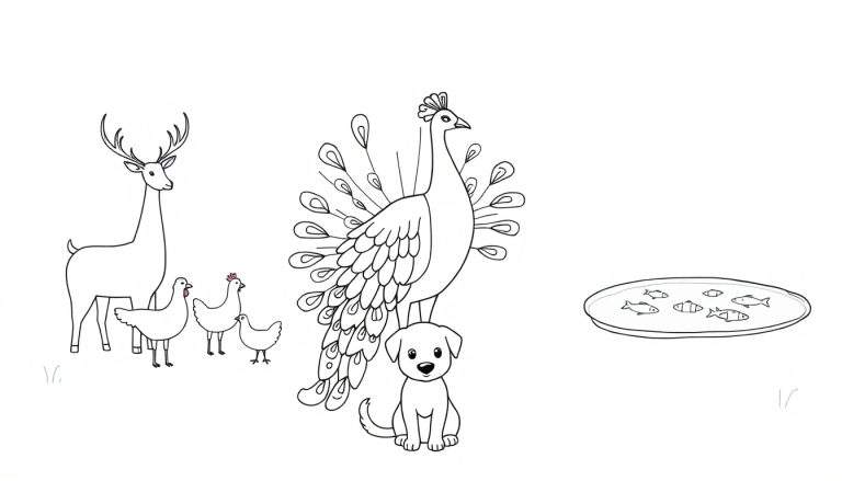 Kleurplaat met een hert met gewei, drie kippen, een pauw met staart, een puppy en een schaal met zes vissen.