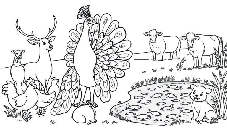 Zwart-wit lijntekening van een kleurplaat met een hert, pauw, kippen, kuikens, een konijn/biggetje, twee koeien, vissen in een vijver en een lachende puppy.