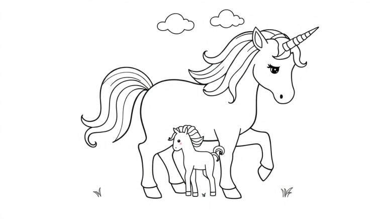 Zwart-wit lijntekening van een grote eenhoornmoeder met golvende manen en een kleine eenhoorn met roze wangetjes, staand in een veld met gras en wolkjes.