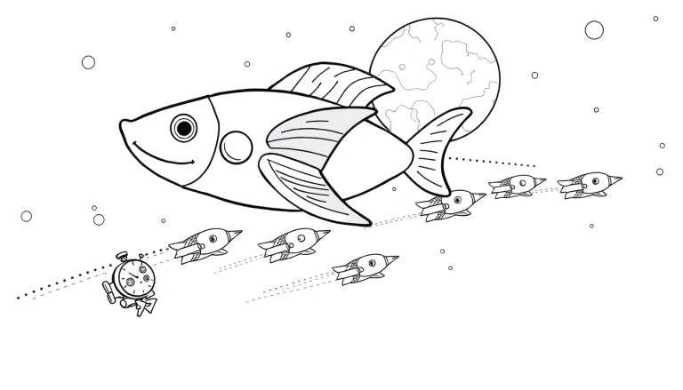 Kleurplaat met een grote, vrolijke vis met een ronde stip op zijn wang. Achter de vis zweeft een maan. Onder de vis vliegen zes kleine raketachtige vogels in een rij, met grijze staarten en een spoor van stippen. Een klokfiguur met armen en benen rent vooraan in het spoor. De tekening is verspreid met grote en kleine stippen en cirkels, zoals bubbels of sterren.