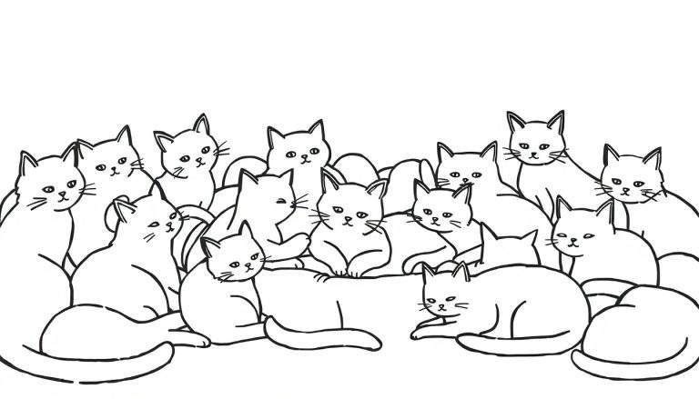 Zwart-witte minimalistische tekening van een grote groep schattige katten, dicht op elkaar zittend en liggend, op een witte achtergrond.